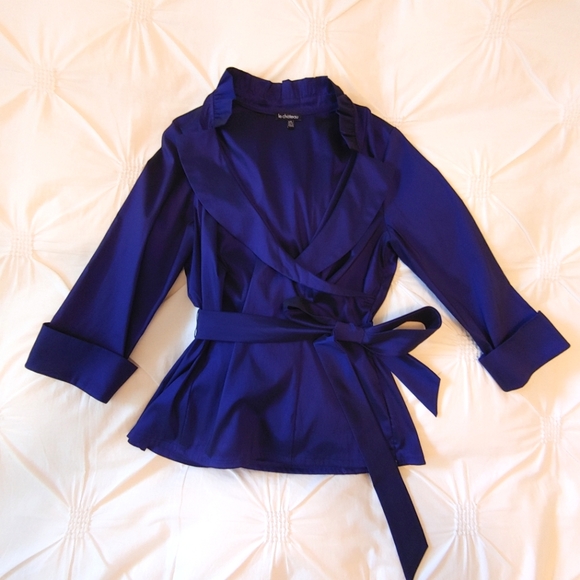 Le Chateau Y2k royal blue irridescent chrome ruffle wrap dress shirt. Size L - Picture 3 of 13